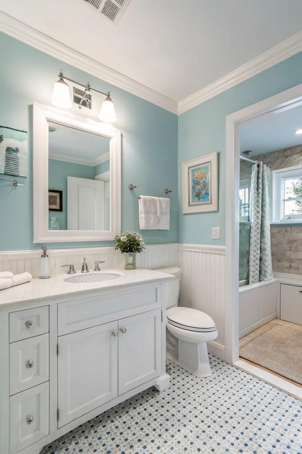 Light blue walls foster a serene and calming bathroom environment.