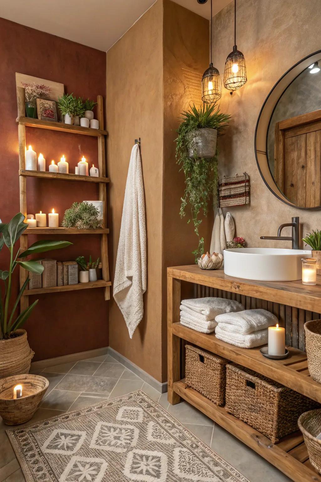 A rustic bathroom showcasing inviting colors and natural wood elements.