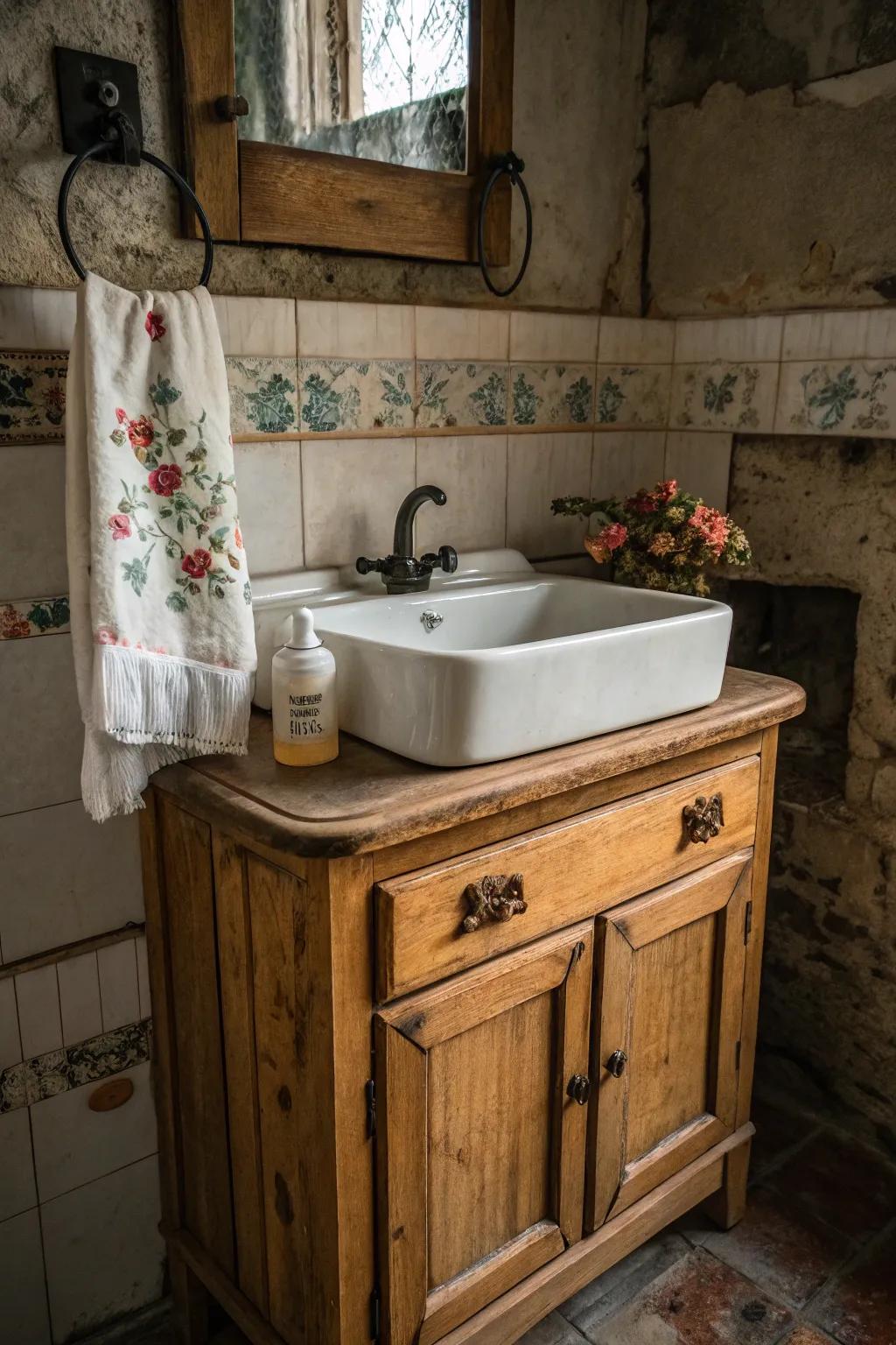 Vintage appeal with a simple wooden fixture and traditional sink.