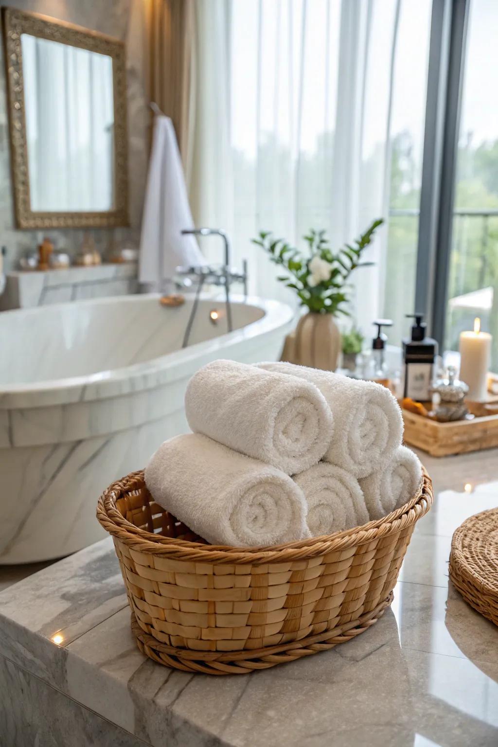 Indulge in a spa-like experience with rolled towels.