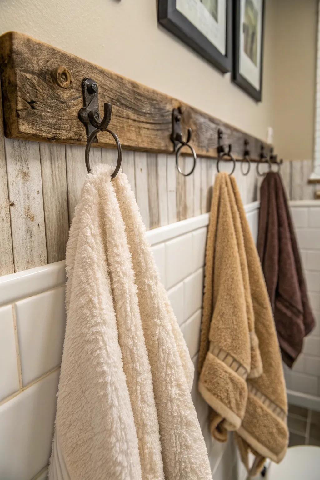 Repurposed wood hangers bring an earthy appeal to your bathroom.