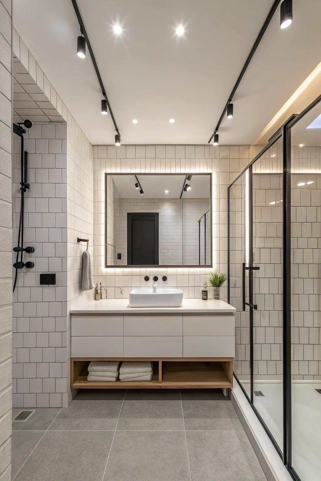 Streamlined track illumination is the perfect addition to a minimalist bathroom.