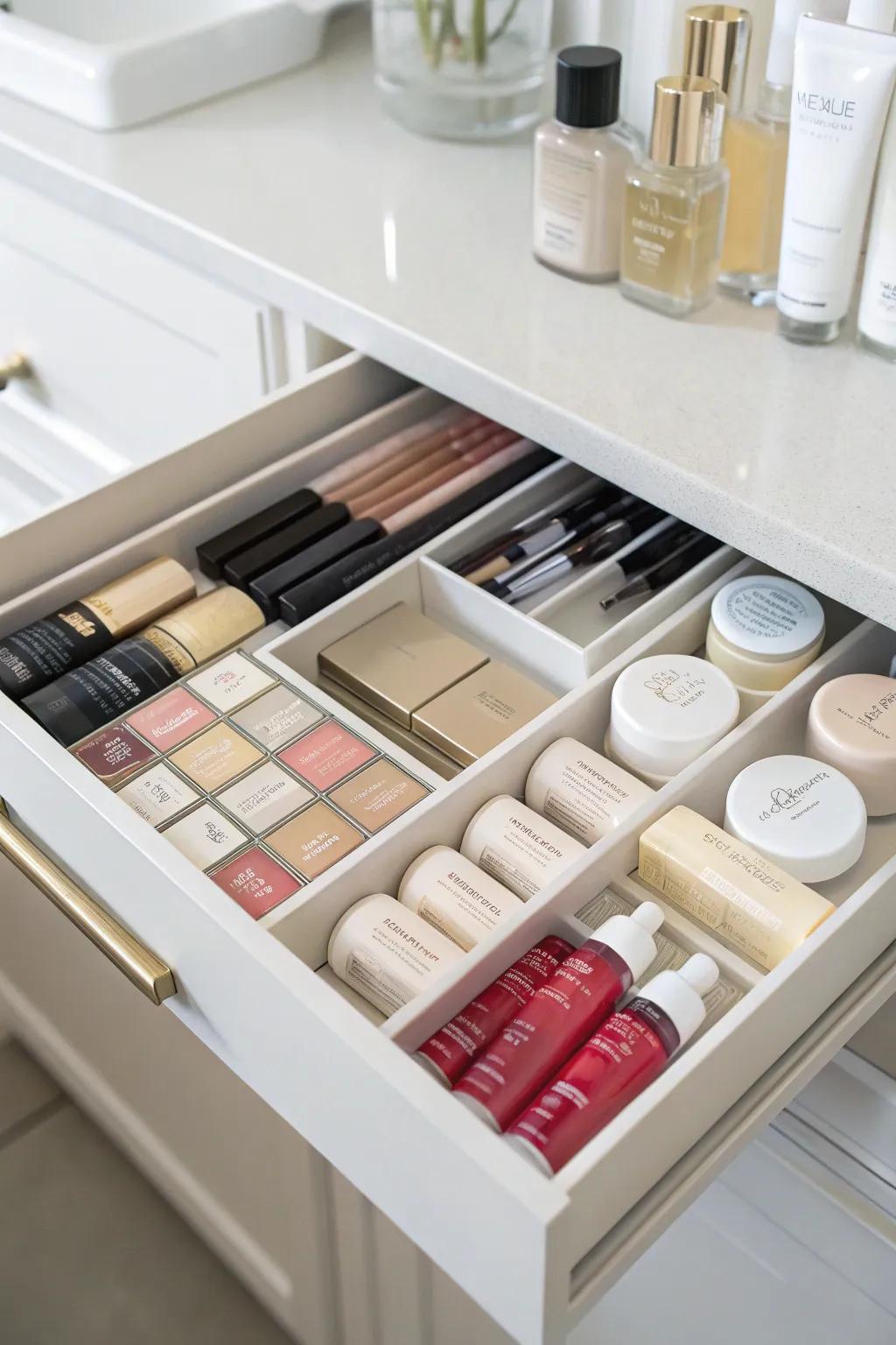 Cosmetics meticulously arranged in a compartmentalized drawer.