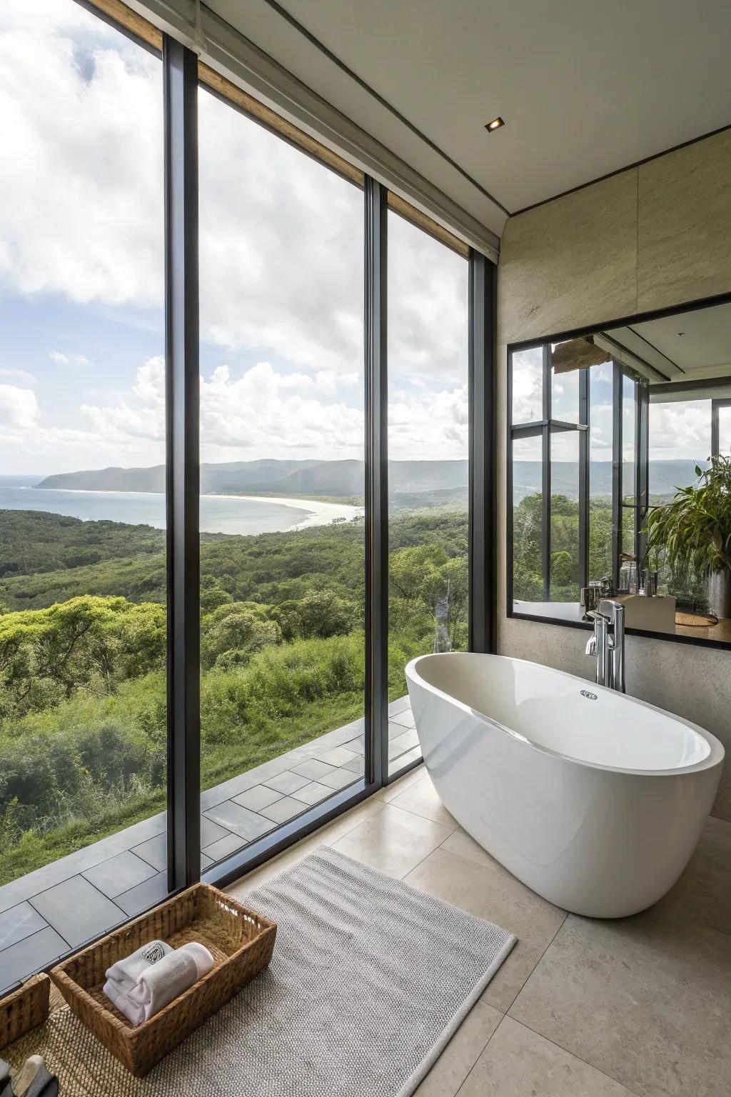 Expansive windows provide stunning views in a modern bathroom.