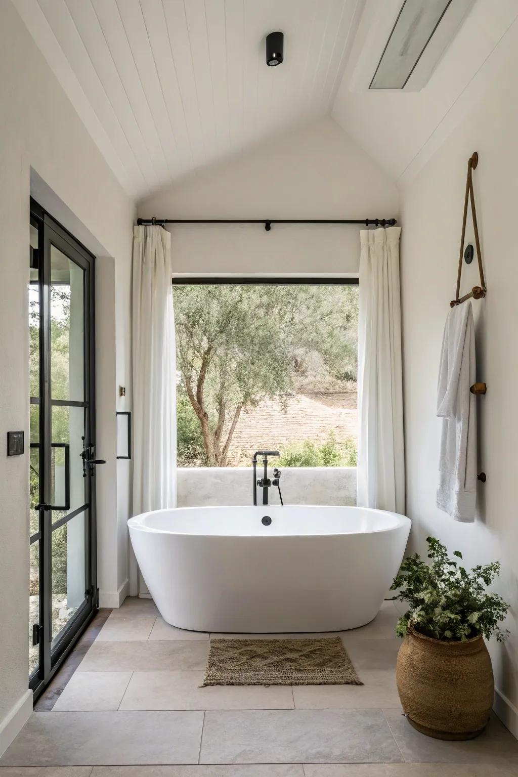 A minimalist bathroom showcasing an attractive standalone bathtub.