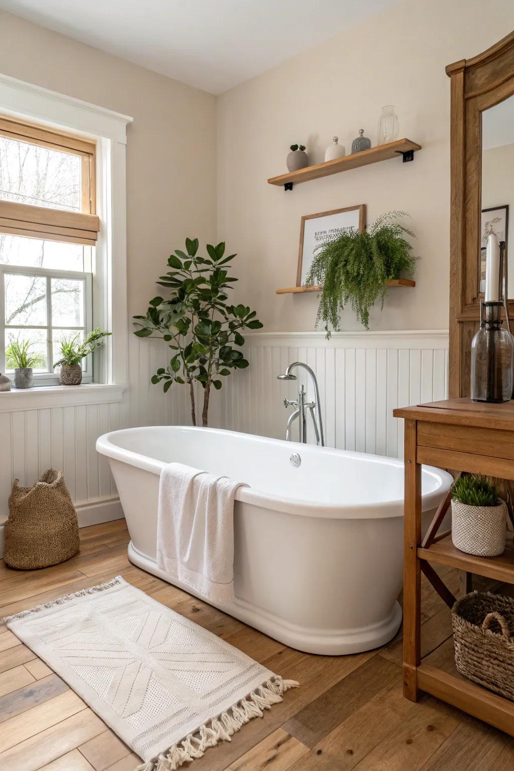 A pristine white freestanding tub graces a serene, neutral-toned bathroom.