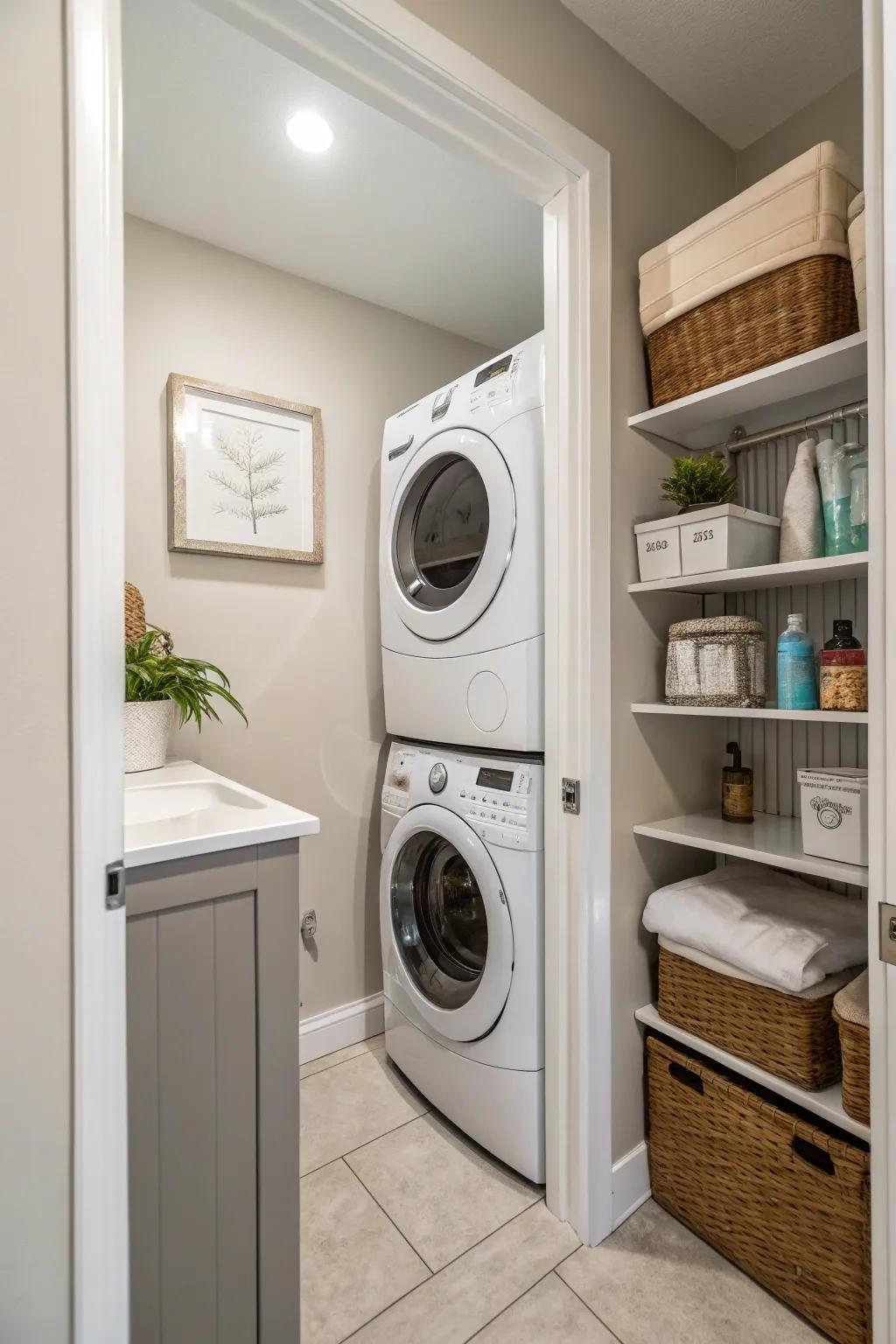 Stacking washer and dryer vertically to conserve space and preserve a modern style.