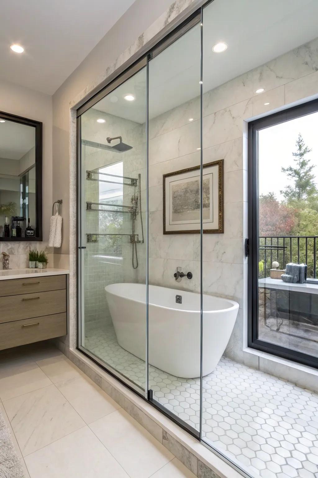 Edge-to-edge glass doors promote a modern and spacious bathroom atmosphere.