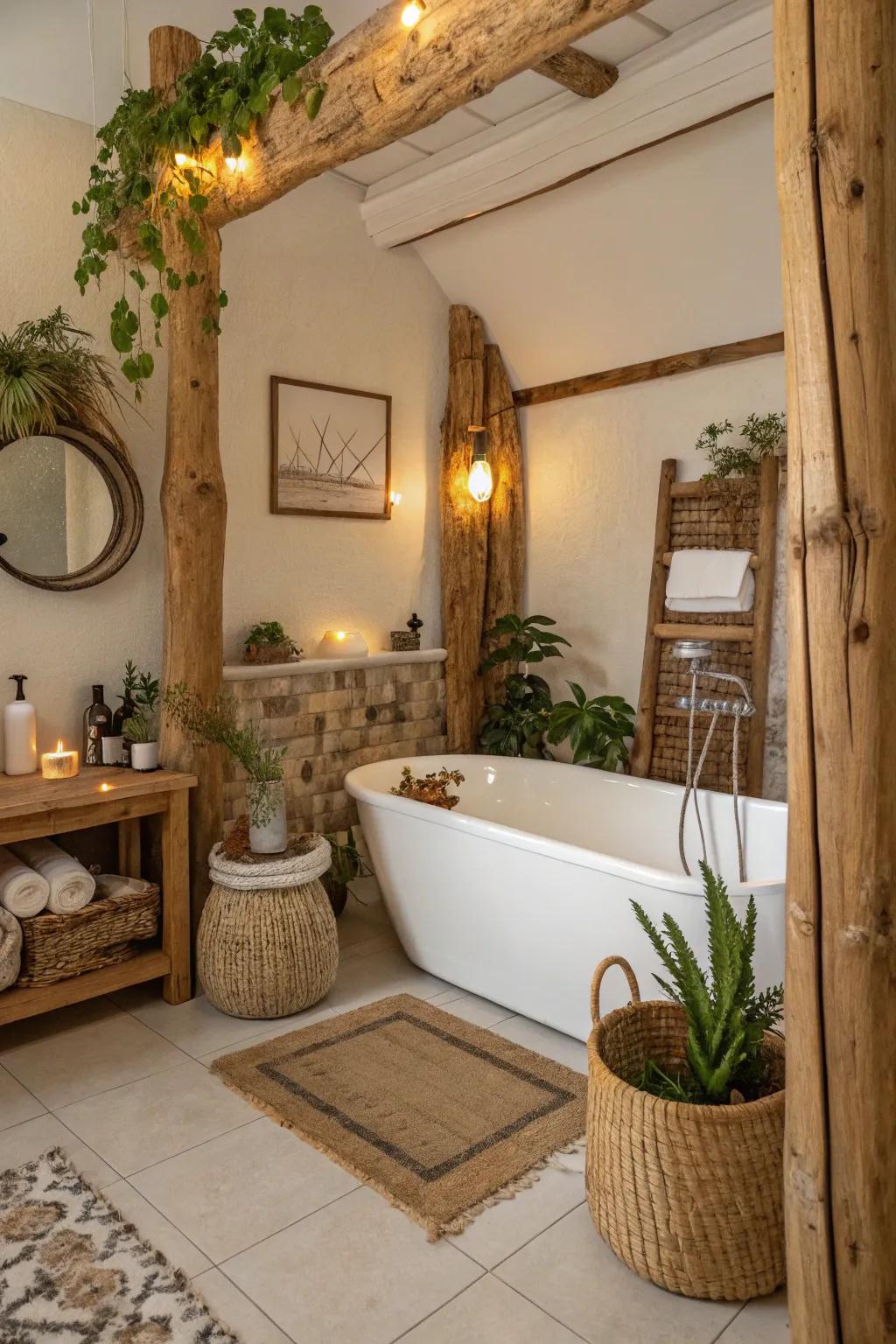 Embrace the allure of rustic charm with a wooden accent surrounding your bathtub.