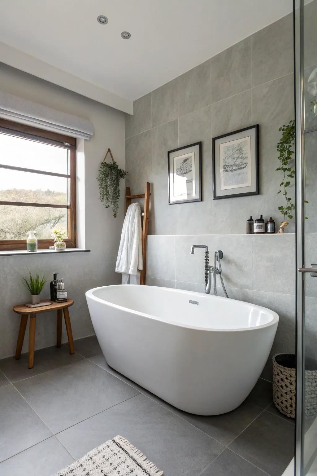 A pristine white freestanding bathtub introduces an element of refined taste to a contemporary bathroom.