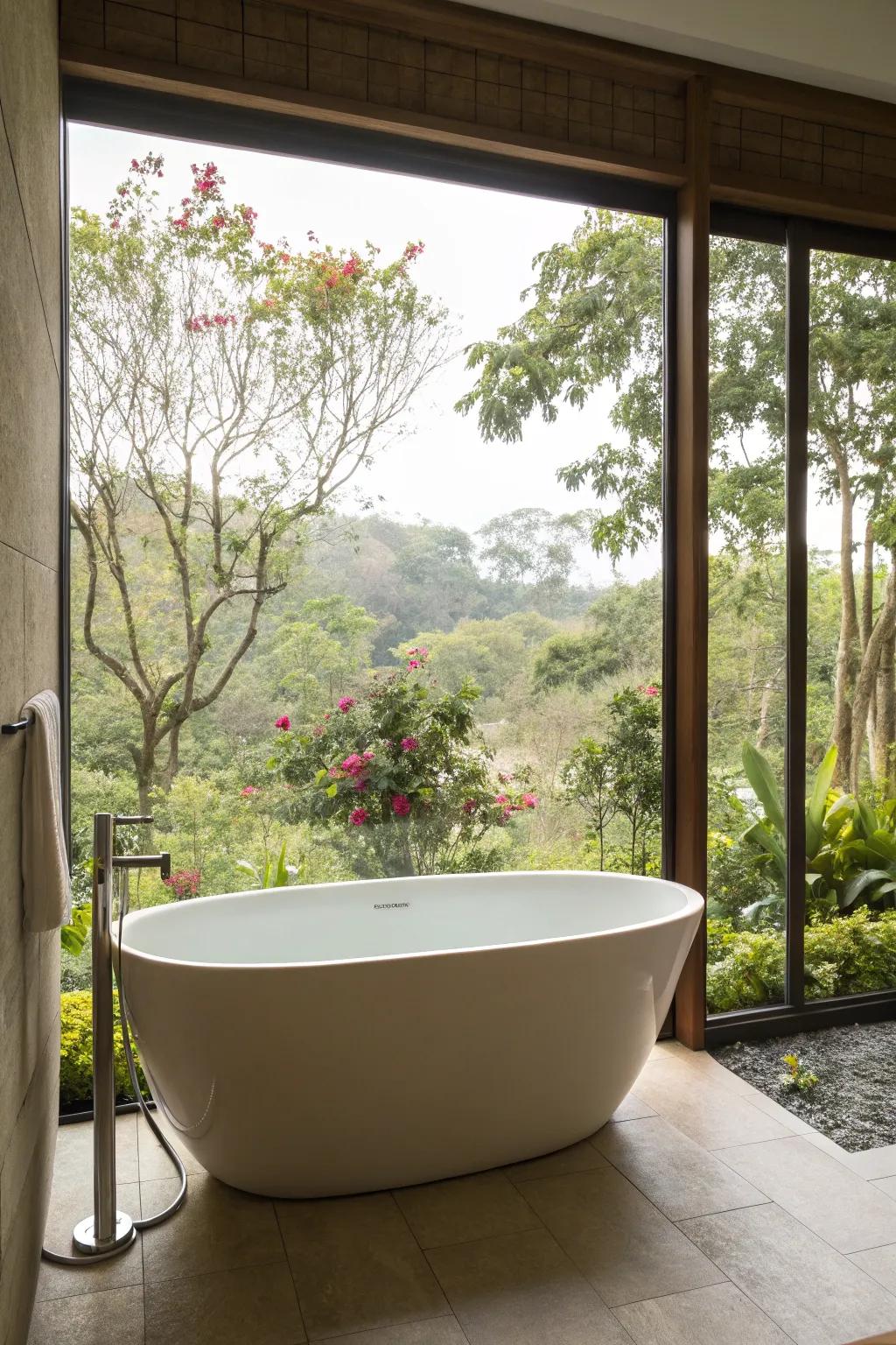 A standalone tub set against a tranquil garden view.