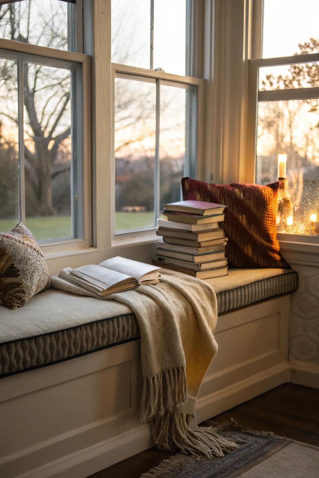 A snug reading retreat by the bay window offers a serene space for book enthusiasts.