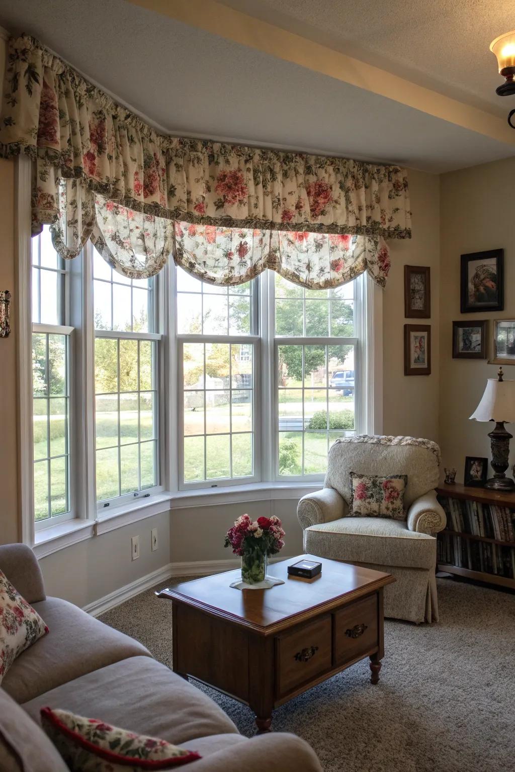Striking patterns become a room's focal point when put on bay windows.