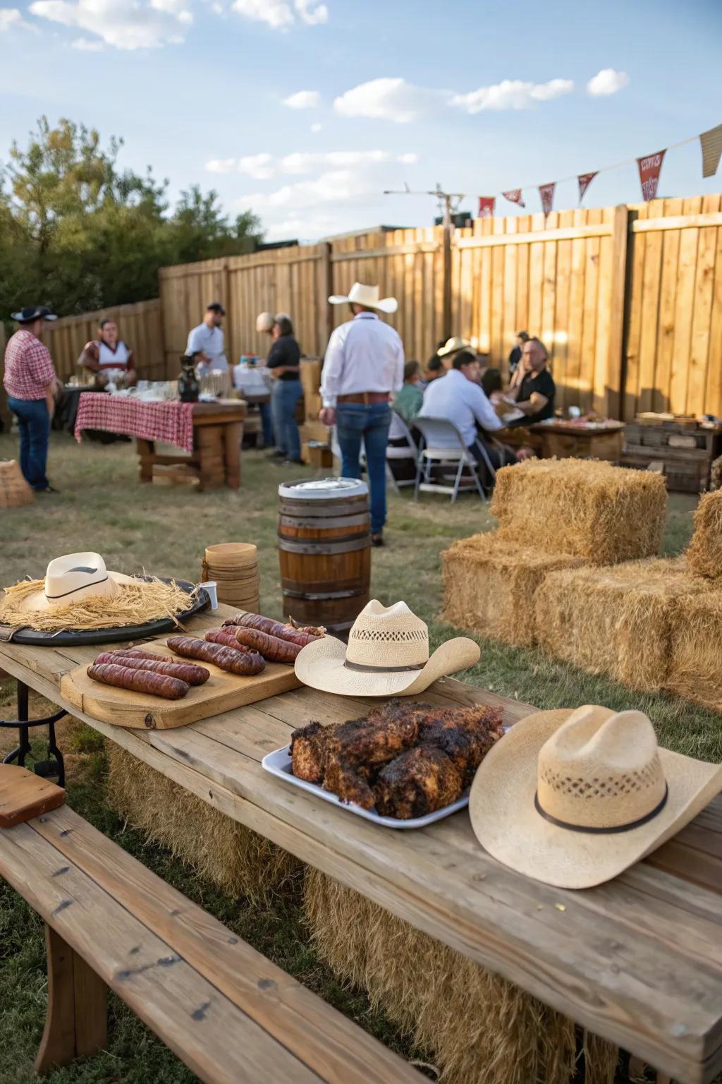 Guests having fun at a Western BBQ Rodeo filled with country-themed decor.