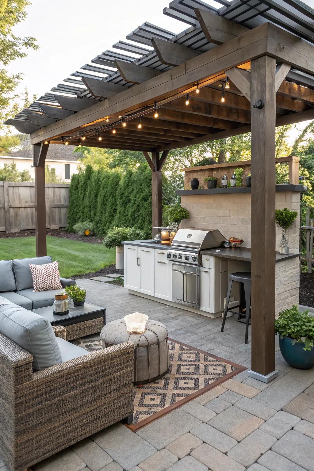 A pergola adds elegant protection to your BBQ area.