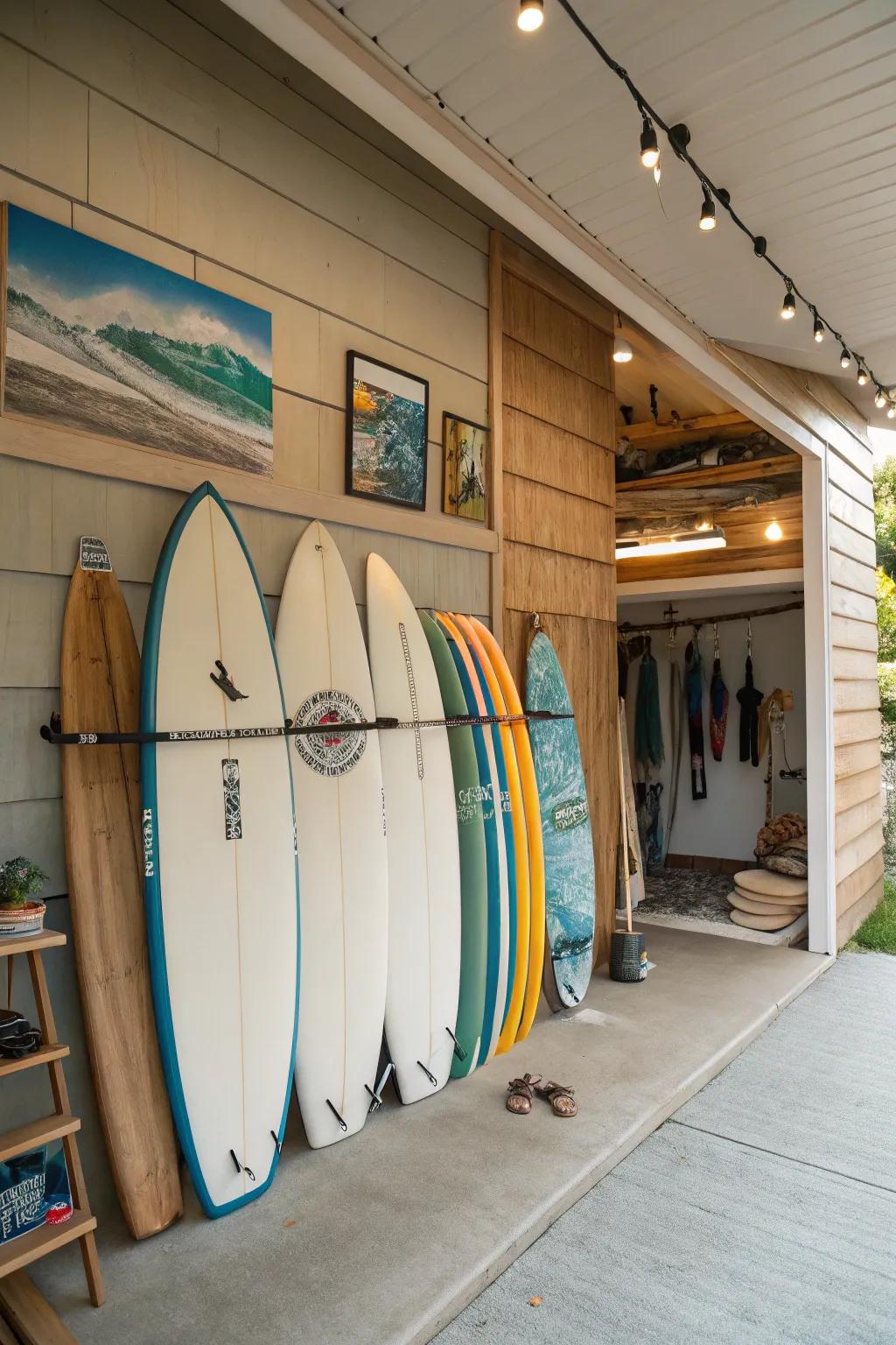Incorporate your surfboards into the decor with an attractive storage wall.