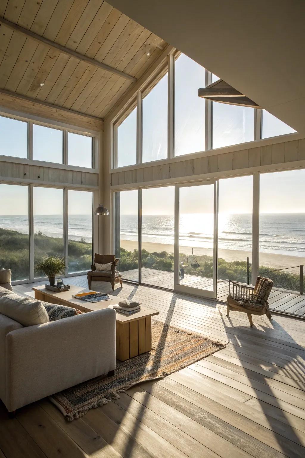 An open and airy beach house interior that radiates warmth and light.