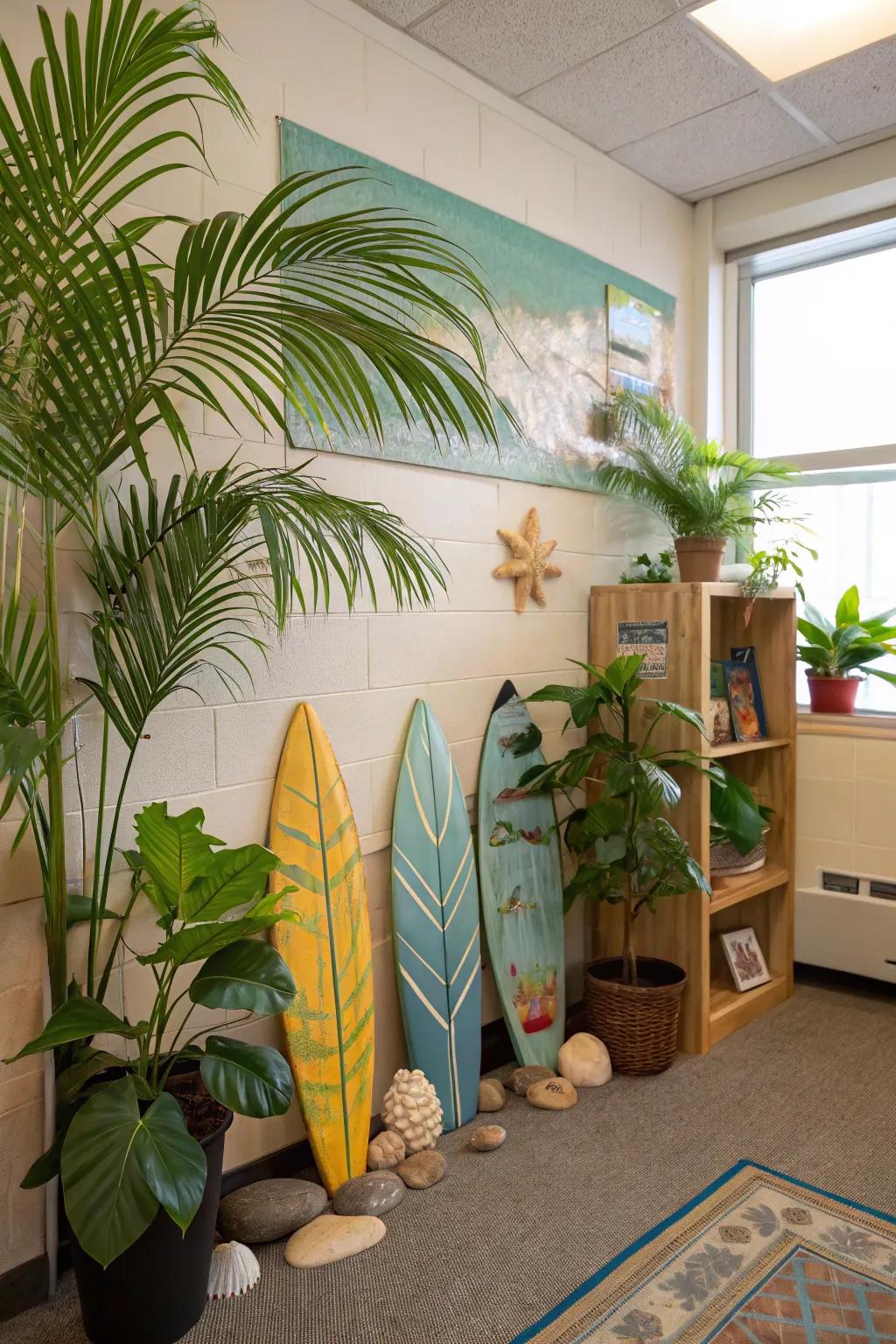 A vibrant classroom area with tropical plants and sea-inspired decorations, evoking a refreshing coastal atmosphere.