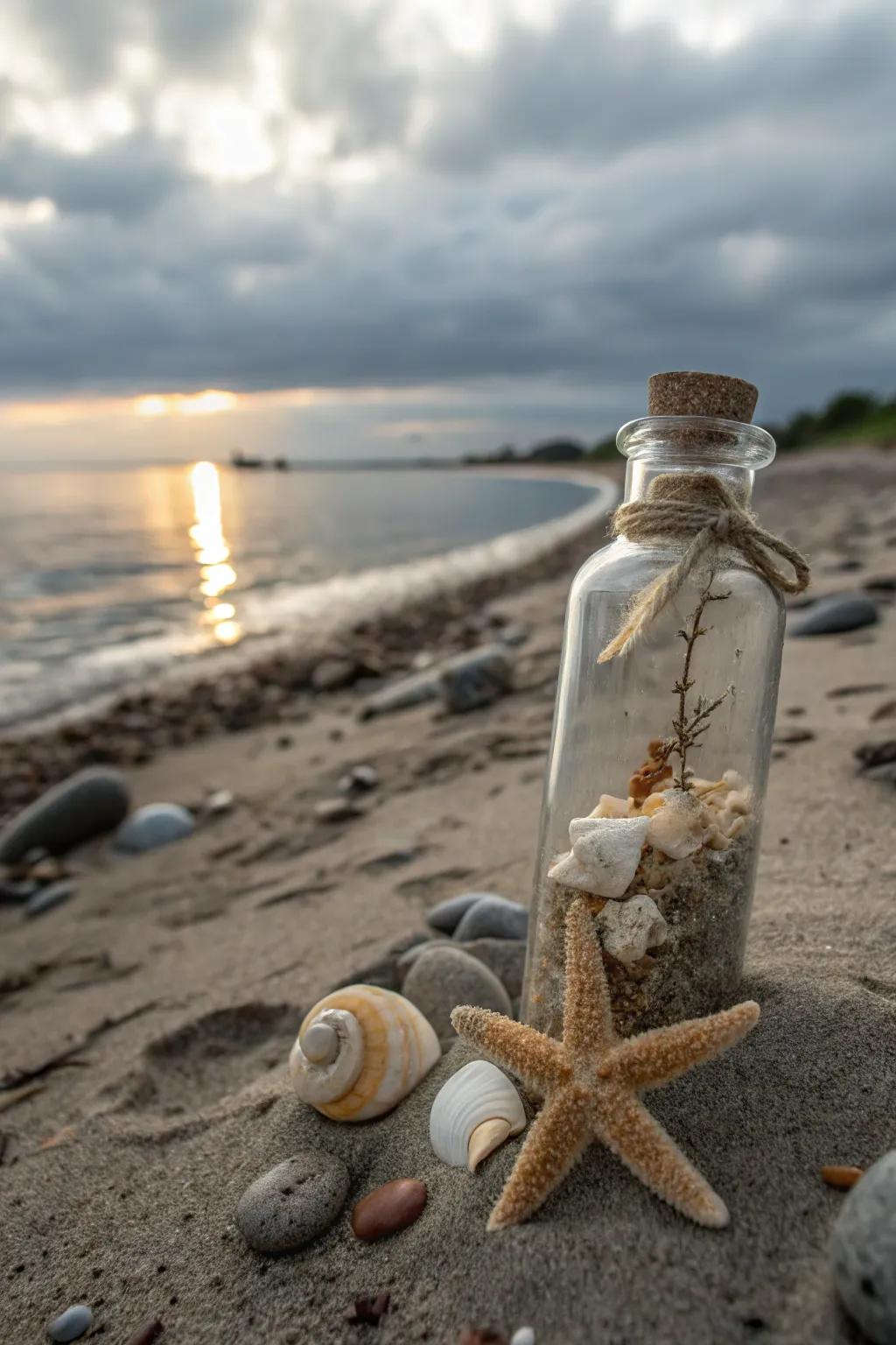 Tiny crystal vessels brimming with coastal elements make delightful souvenirs.