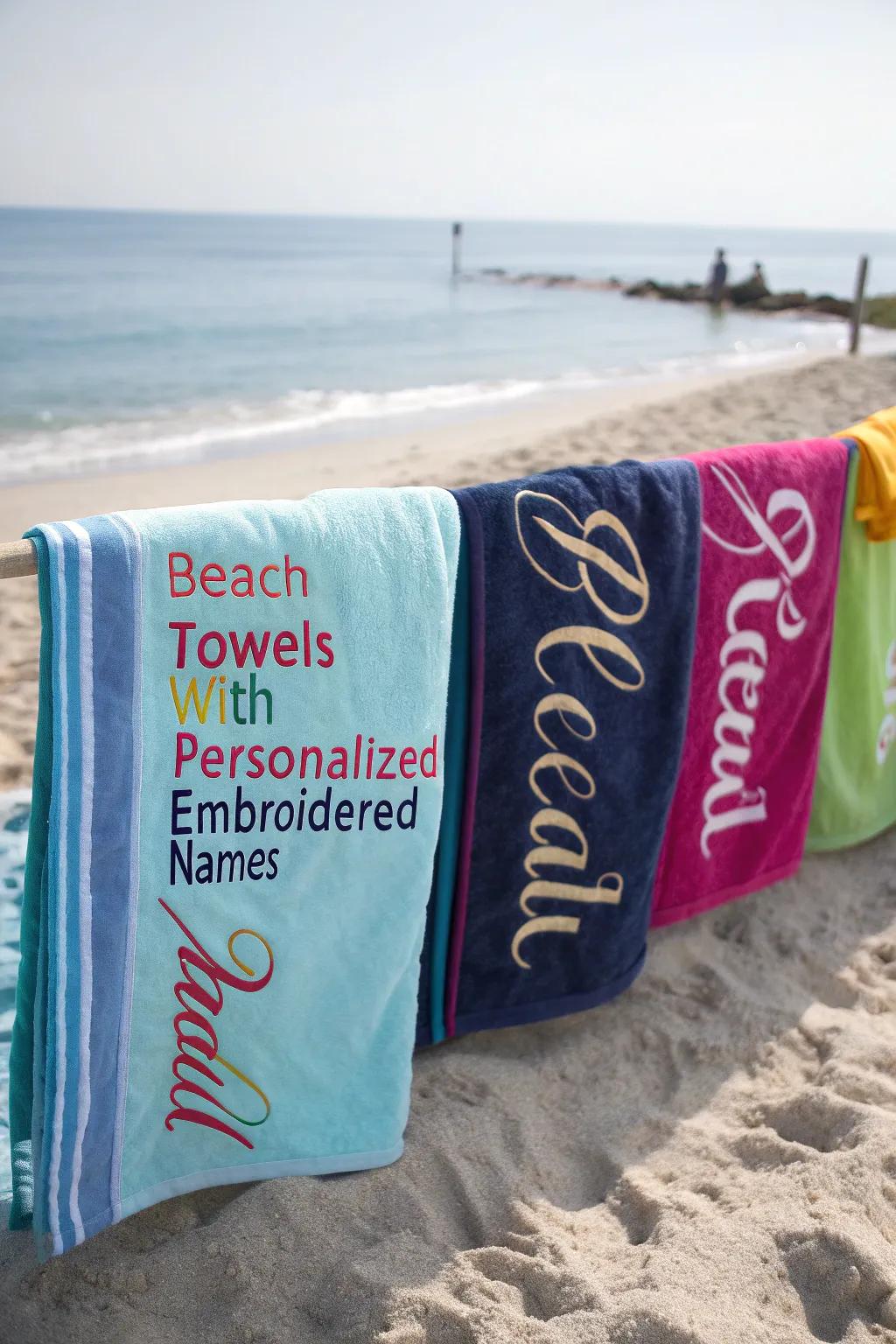Elevate your beach experience with towels featuring embroidered names.
