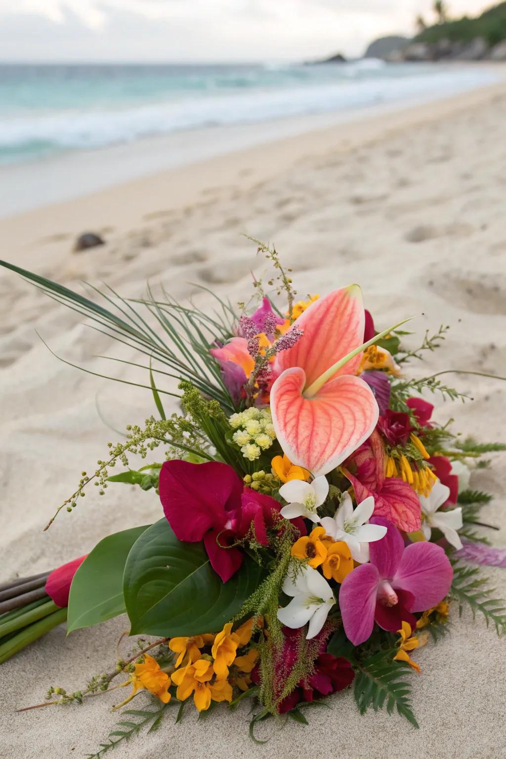A vibrant tropical floral arrangement ideal for a beach wedding.