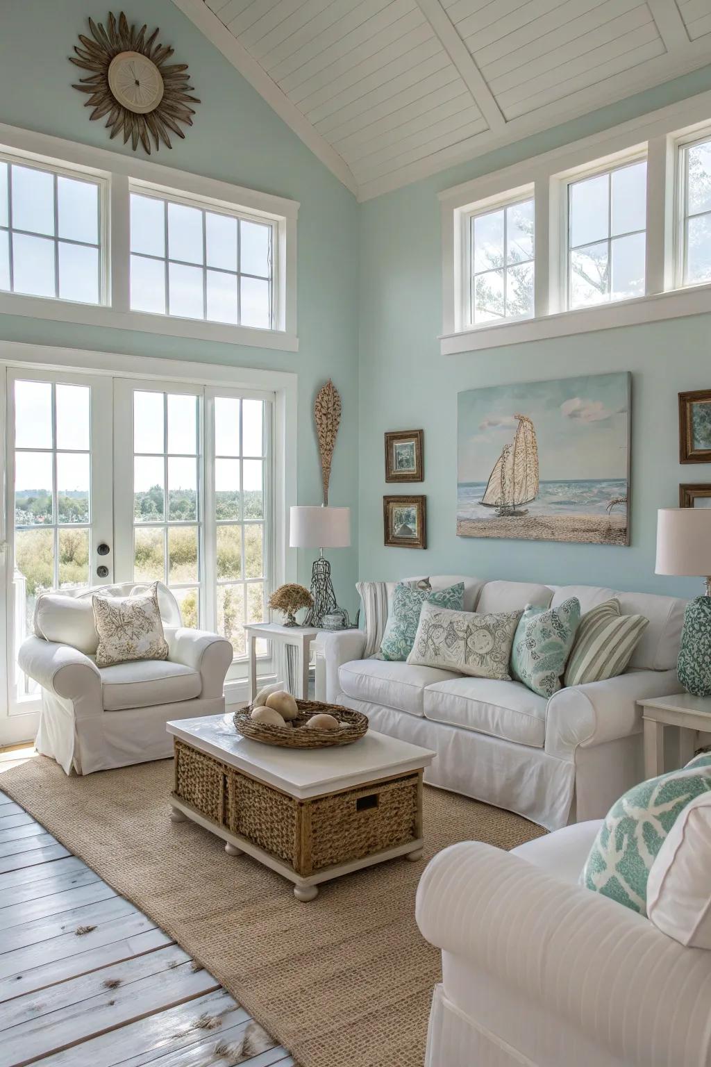 A gentle blue and white palette crafts a serene coastal mood.