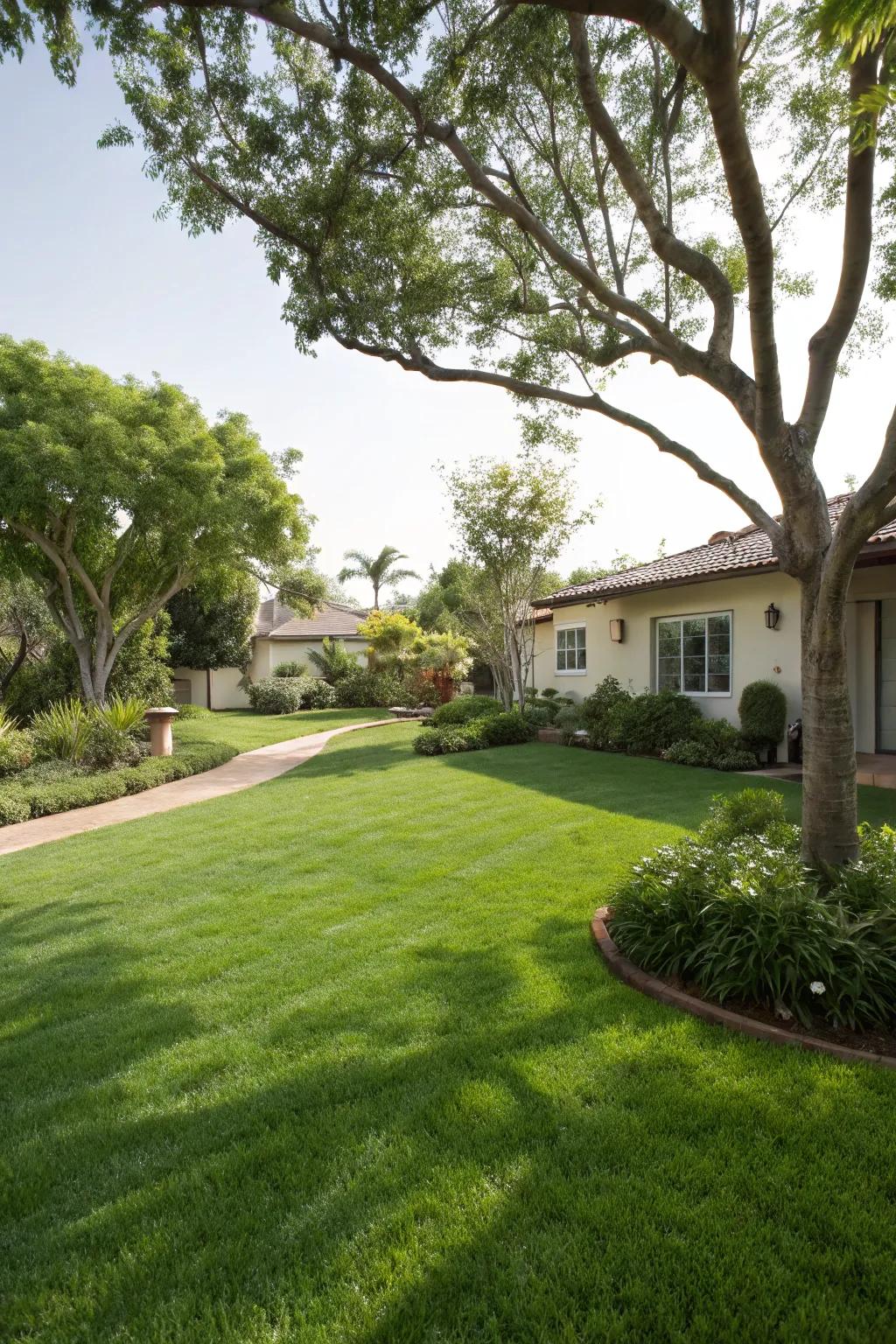A vivid green lawn enhancing the front garden's appeal.
