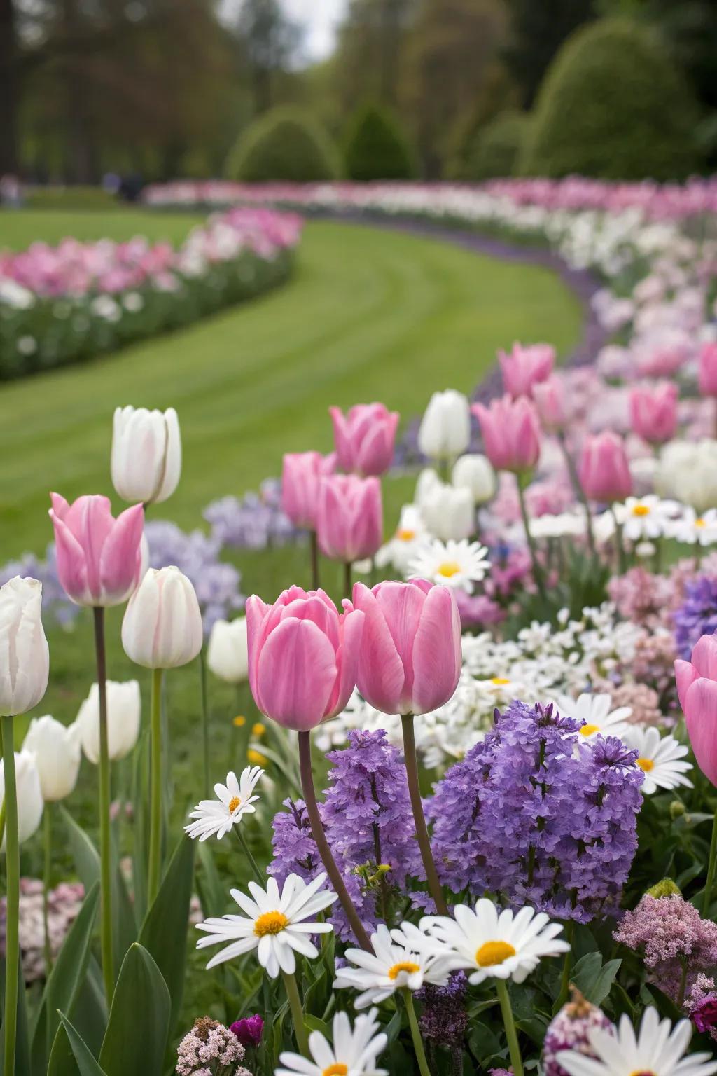 A colorful flower patch displaying a mix of elegant tulips, fragrant lilacs, and cheerful daisies.