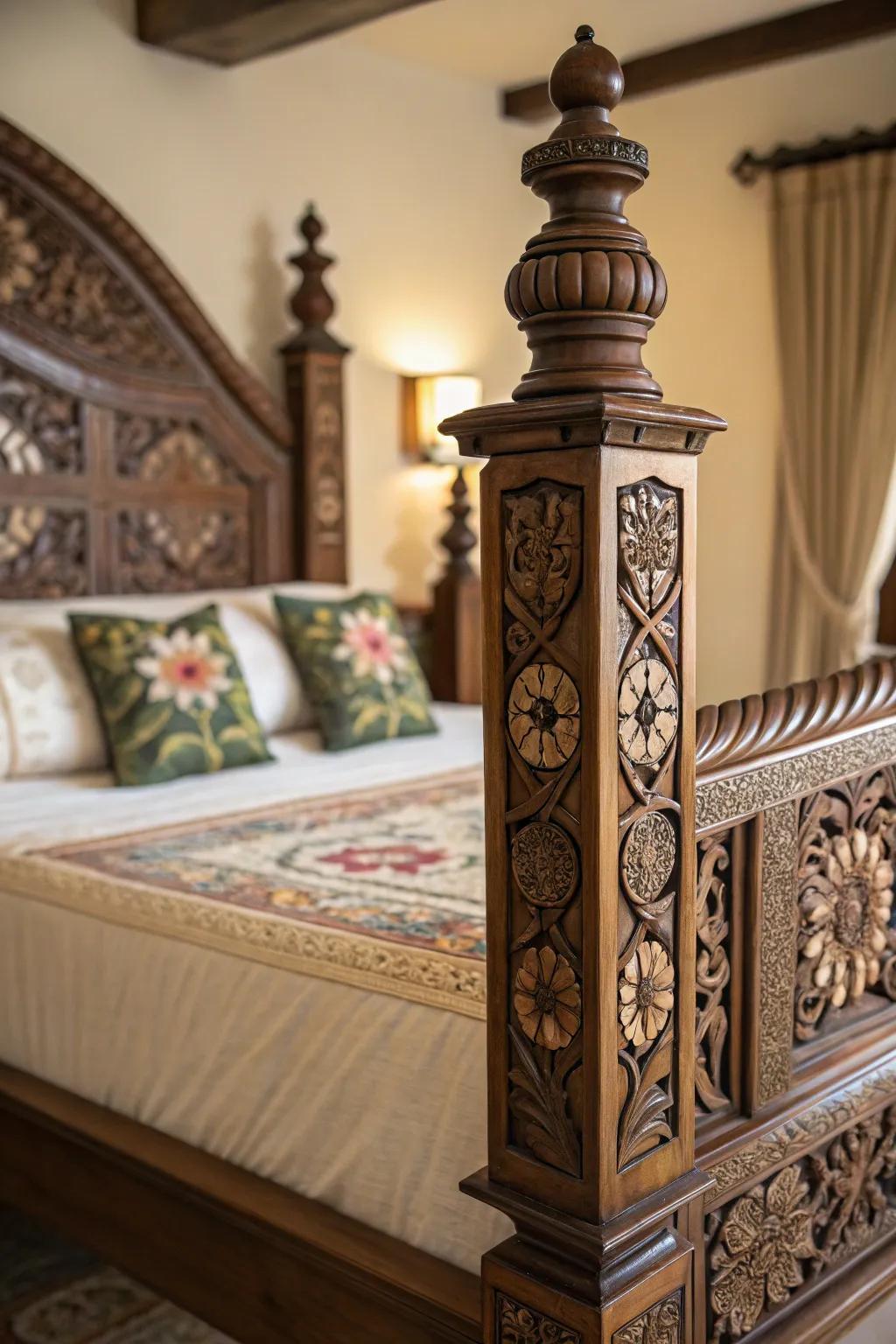 Decorated bedposts bring an element of sophistication to any sleeping space.