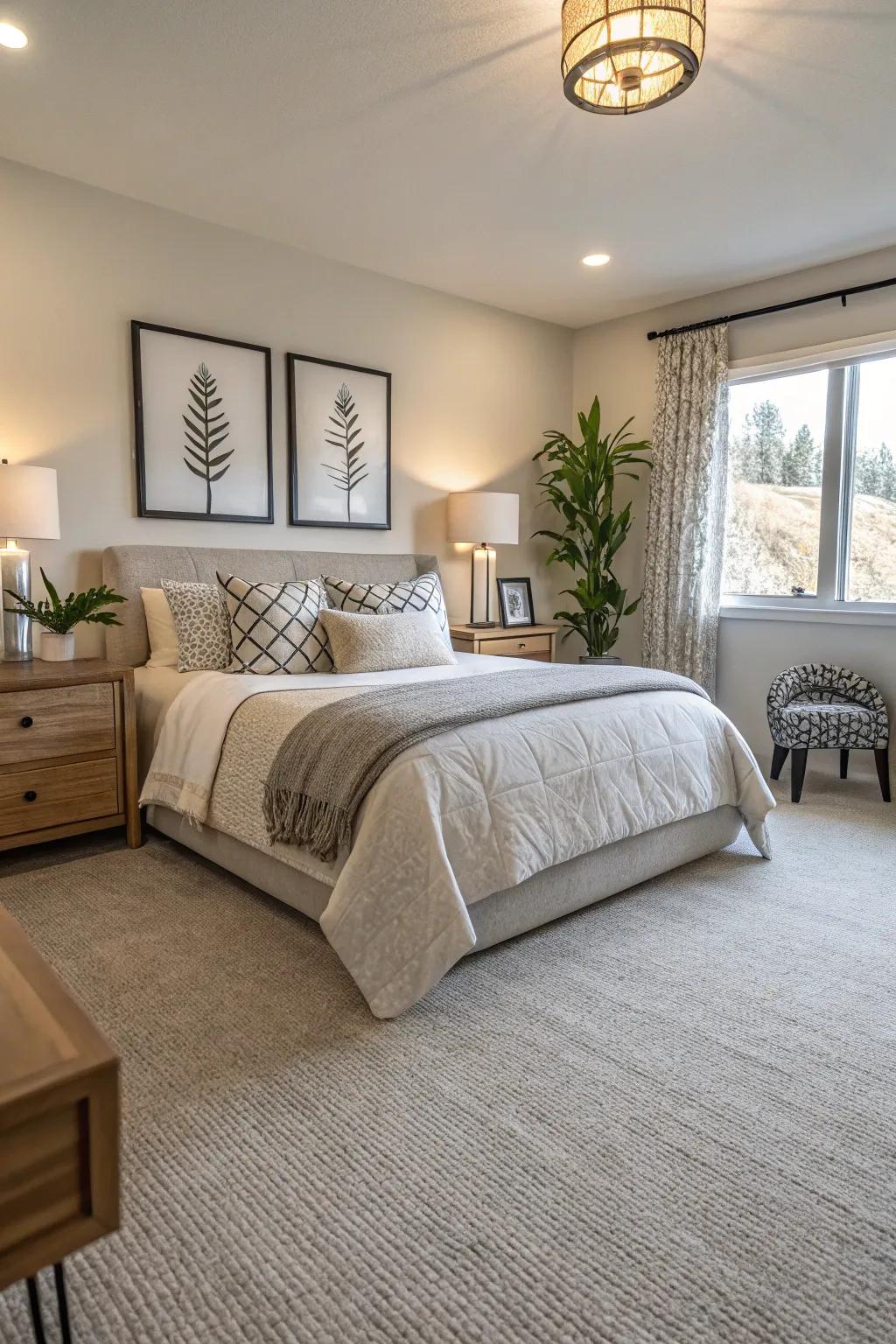 Neutral shades contribute to a serene and welcoming bedroom atmosphere.