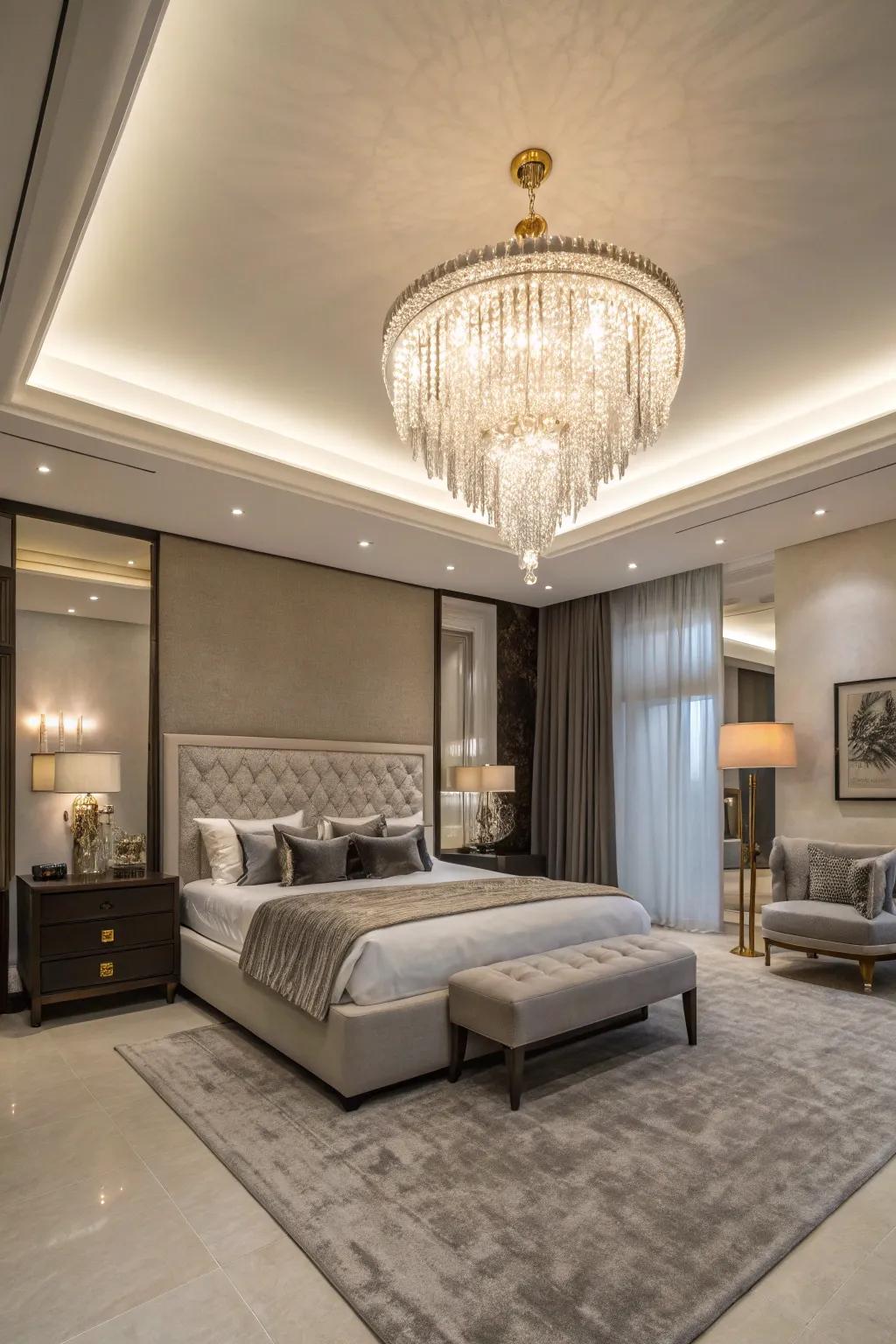 A chandelier transforms any sleeping quarter into a refined getaway.