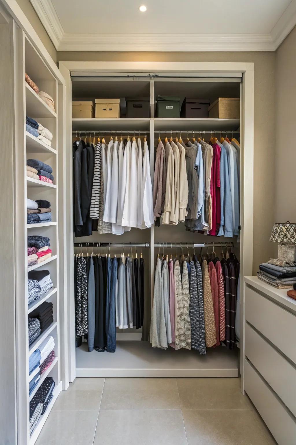 Use the full height of your closet with extra hanging rods to keep things neat.