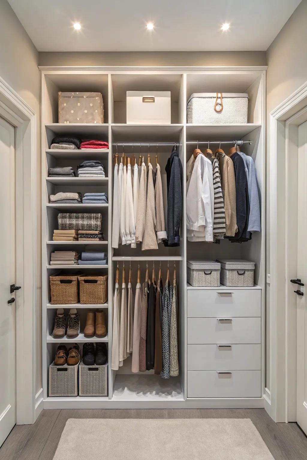 Double hanging bars make the most of the vertical dimension of your closet.