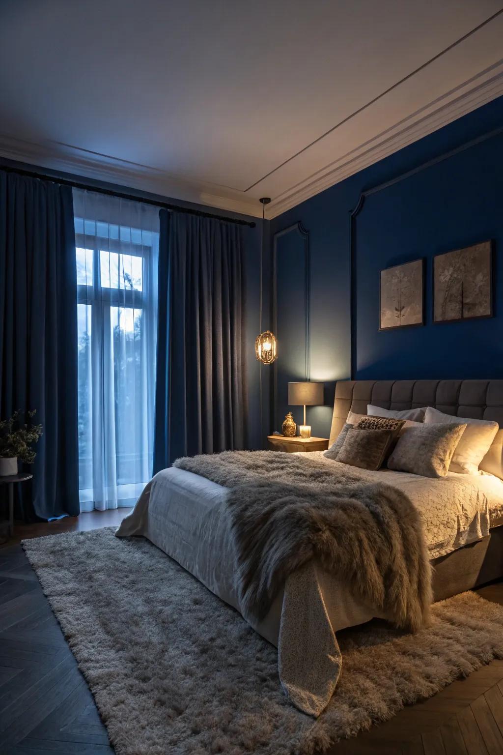 A bedroom immersed in the comfort of deep night blue, creating the perfect relaxing hideaway.