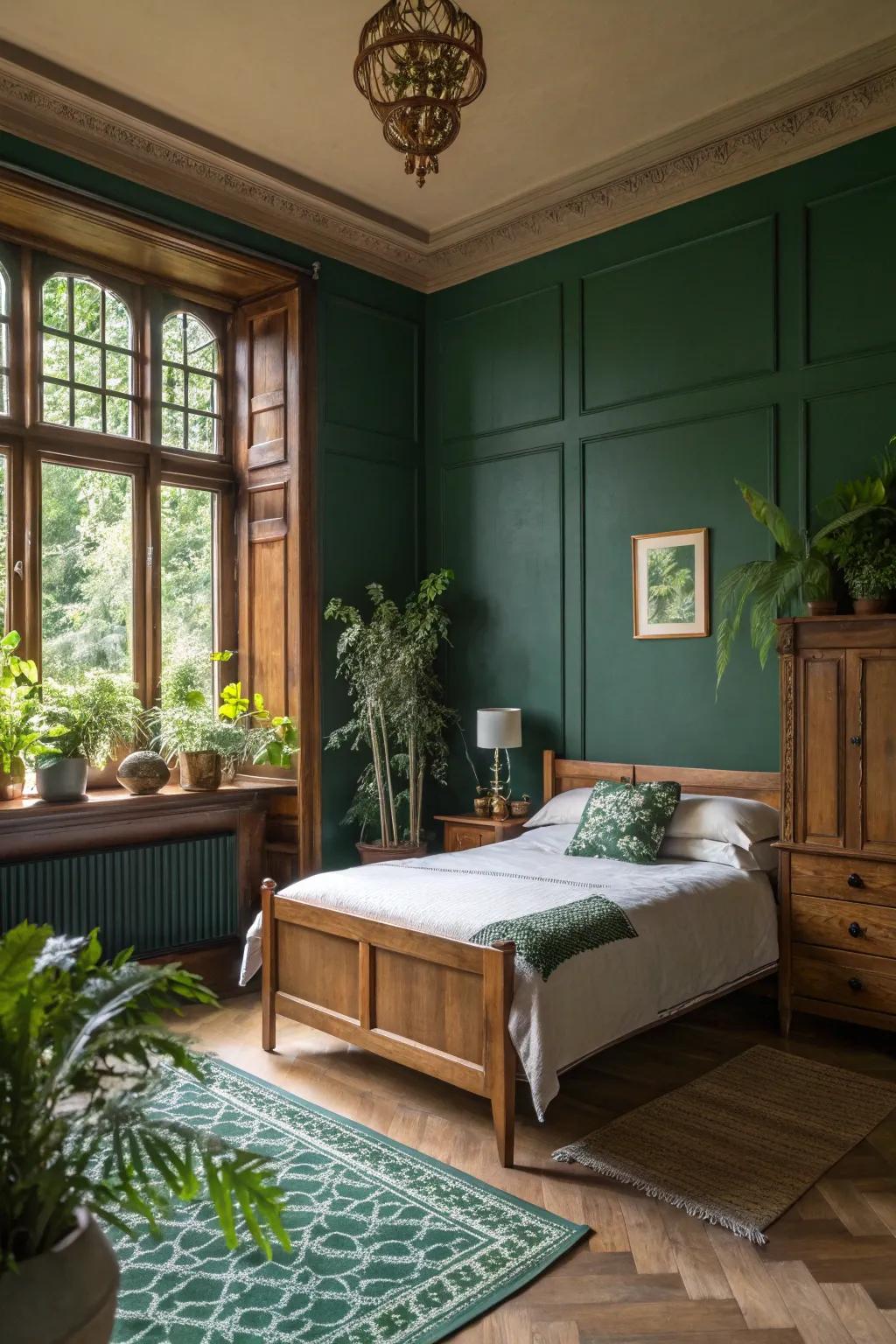 Deep green walls draw the calmness of the outdoors into your bedroom.