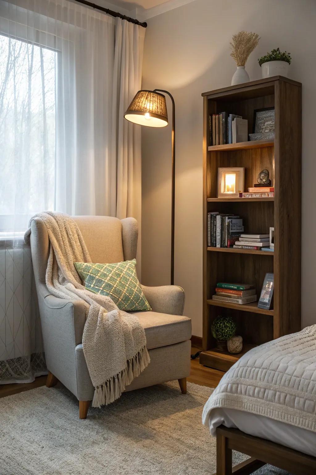 Design a reading space featuring a snug chair and gentle illumination.