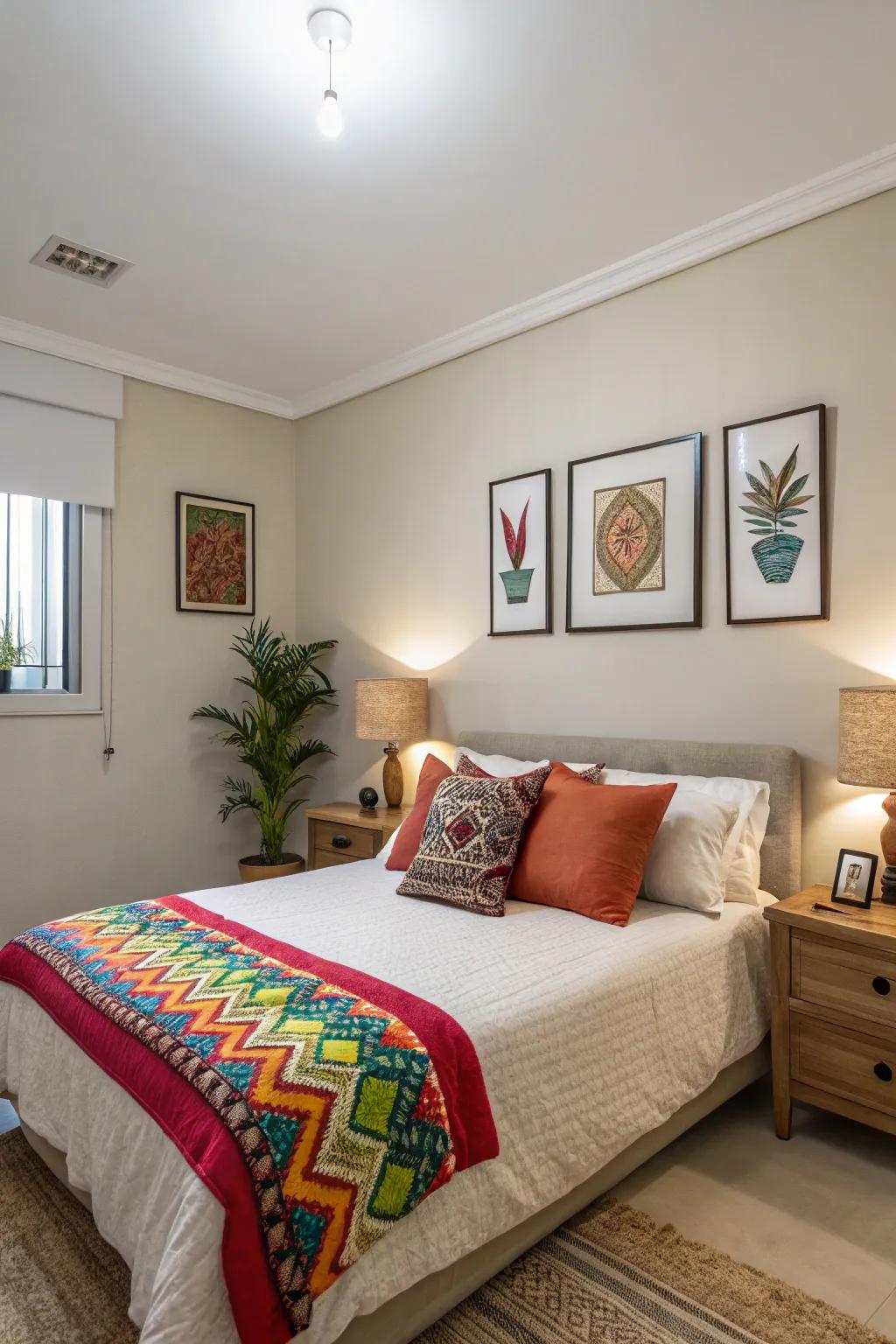 A harmonious blend of neutral tones and vibrant accents creates an appealing and well-balanced environment.