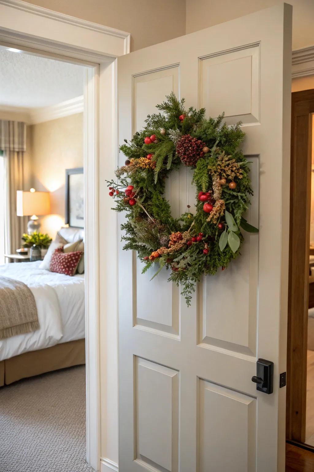 A seasonal wreath lends a feeling of warmth and allure to any bedroom door.