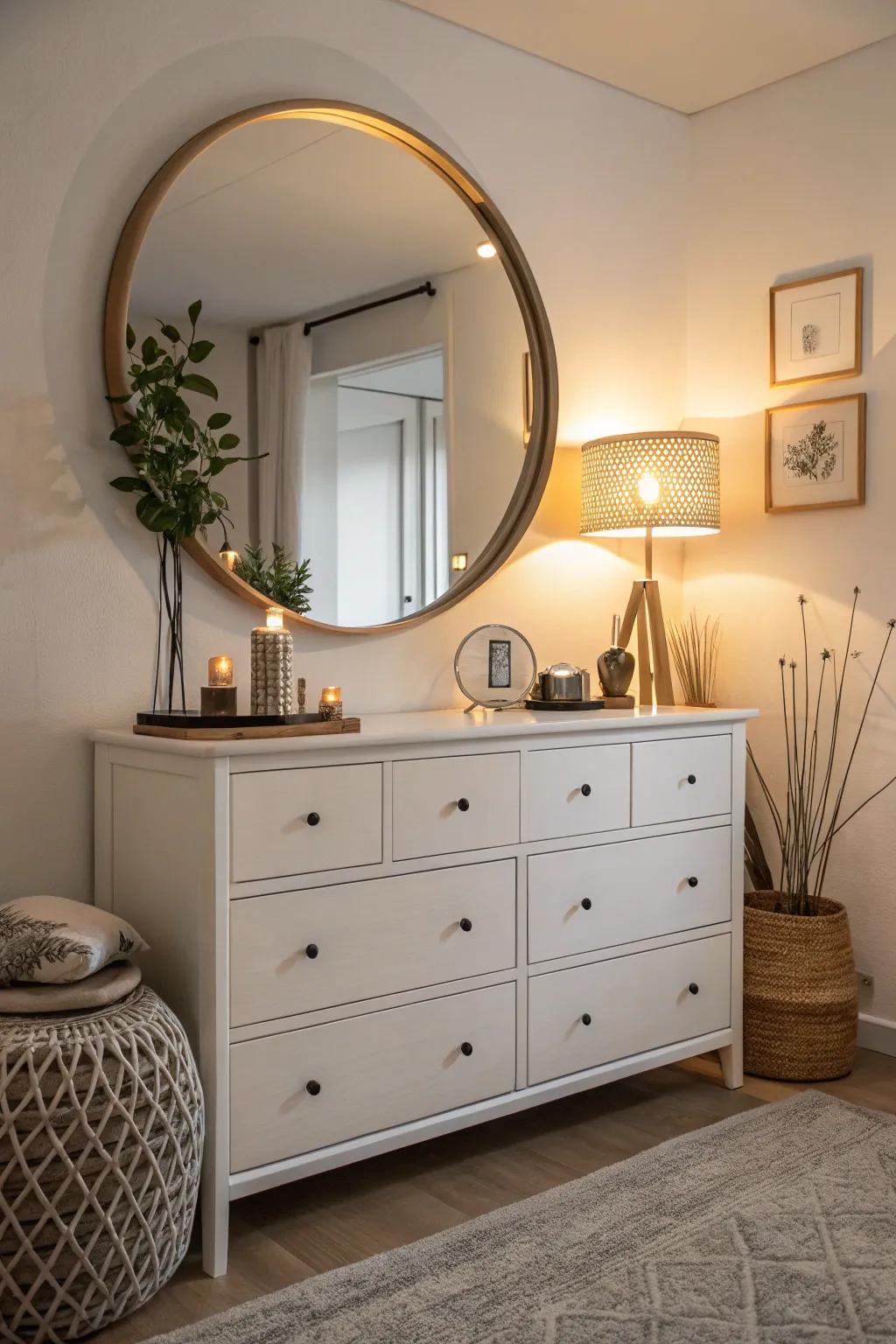 Mirrors enhance your dresser arrangement by adding both depth and refinement.