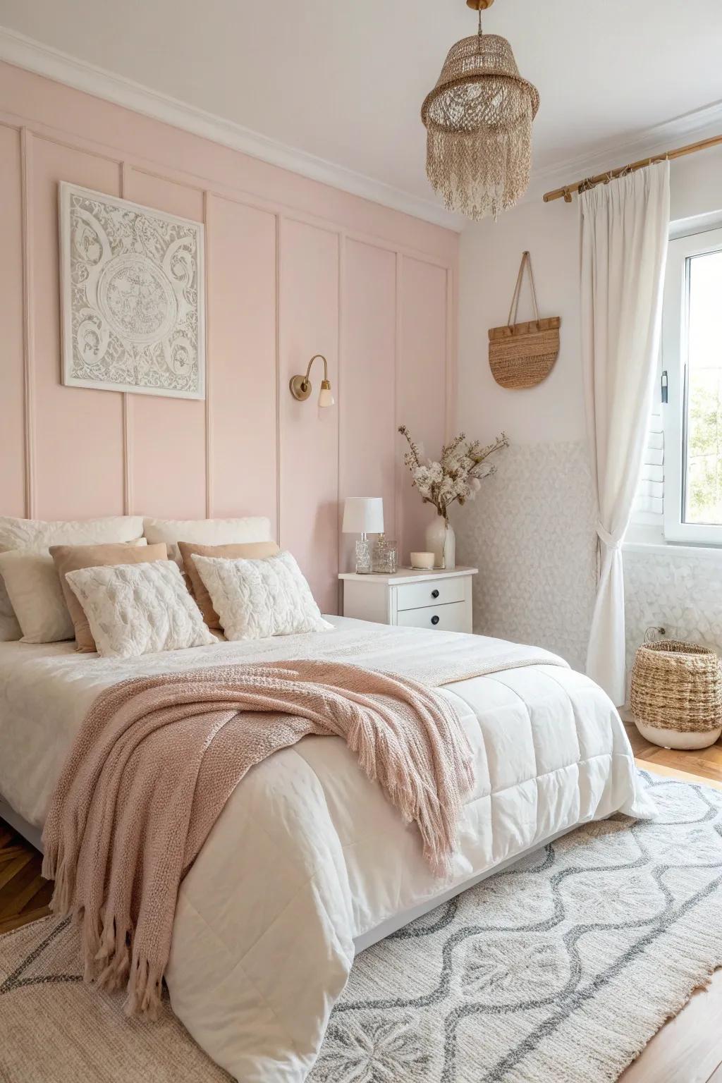 A serene bedroom featuring gentle tone walls and ivory highlights, ideal for a calming hideaway.