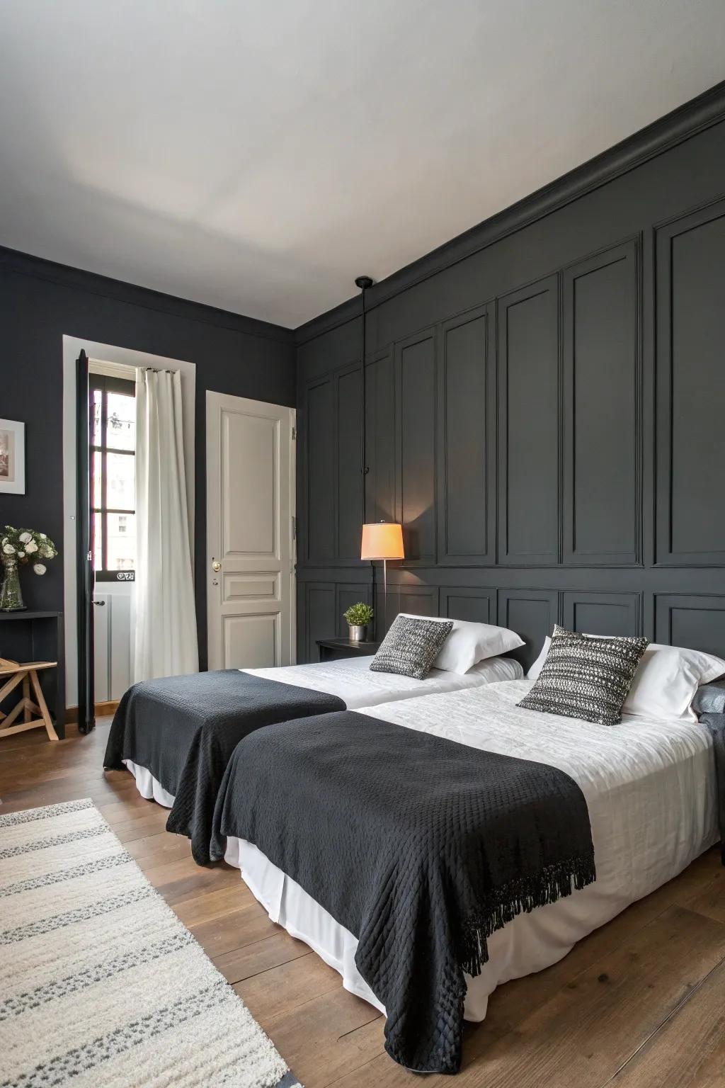 A masculine bedroom featuring a dark gray palette and simple design.
