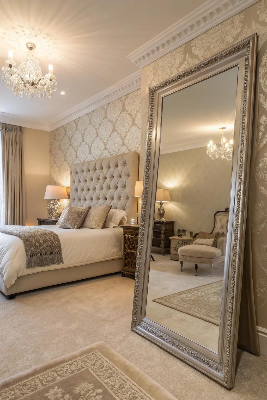 A beautifully designed bedroom where a floor-standing mirror enhances both space and elegance.