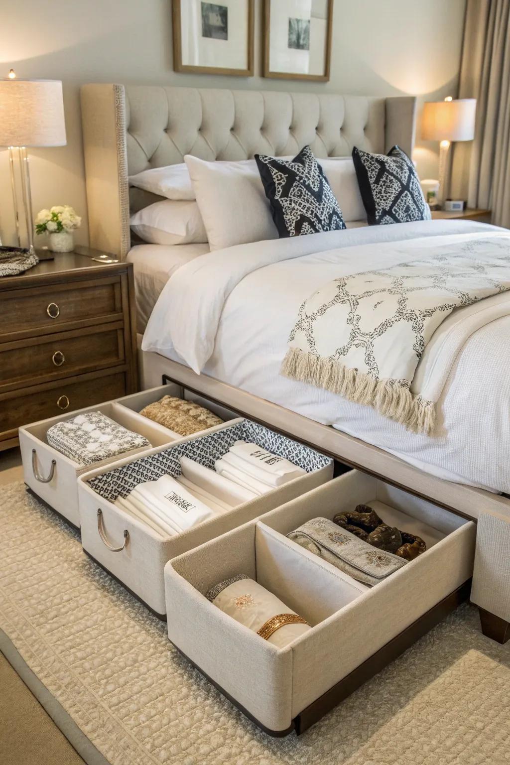 Optimize your bedroom's footprint with resourceful under-bed storage options.