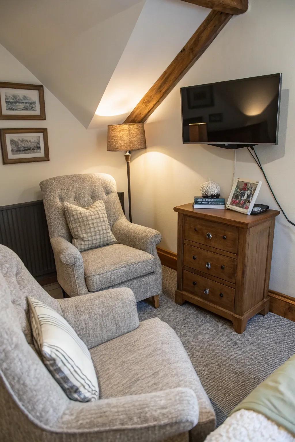 Make a cozy area using soft armchairs for an intimate television experience.