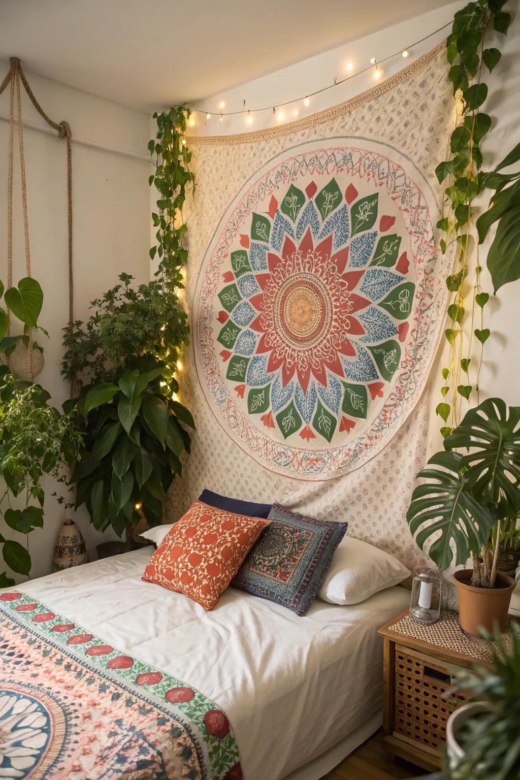 Achieve bohemian charm with a mandala wall hanging.