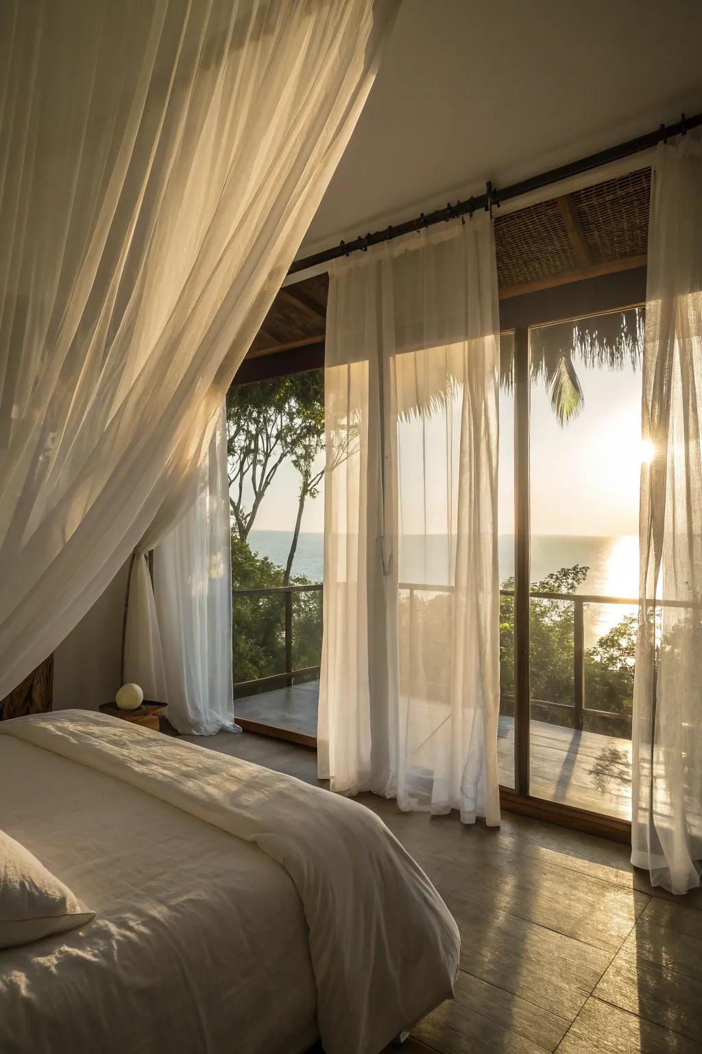 Ethereal curtains softly diffuse sunlight throughout your bedroom.