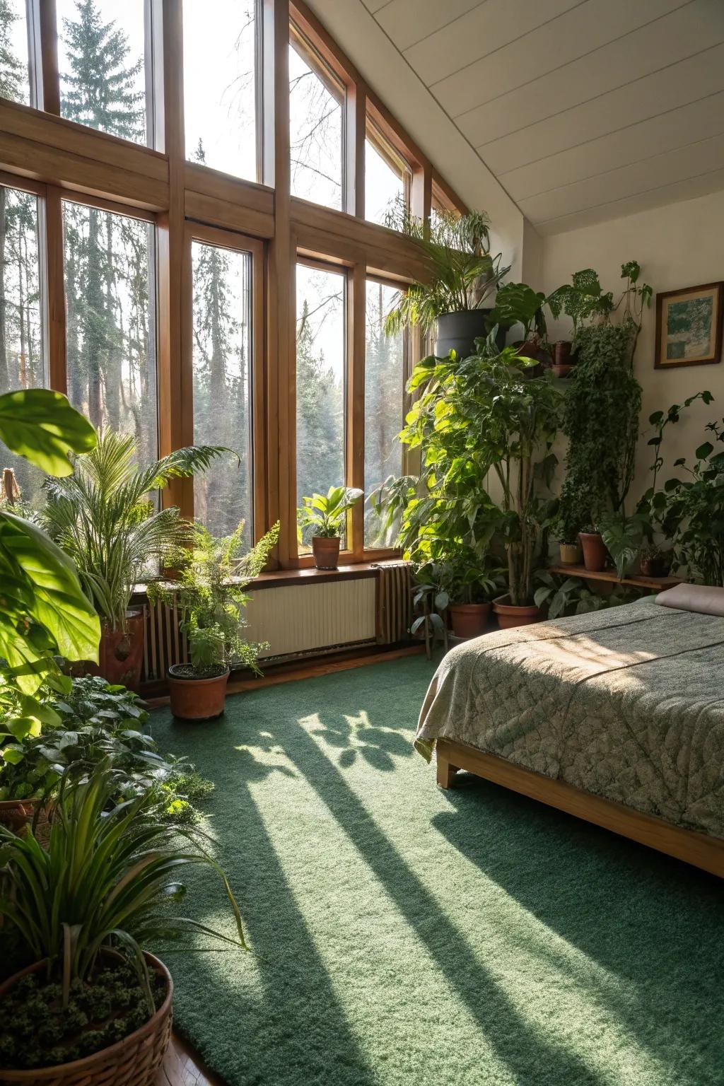 A sunlit bedroom showcases a harmonious blend of a verdant floor covering and indoor flora.