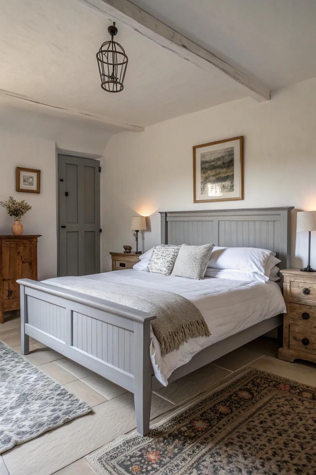 A refined grey bed frame harmonized with immaculate white bedding.