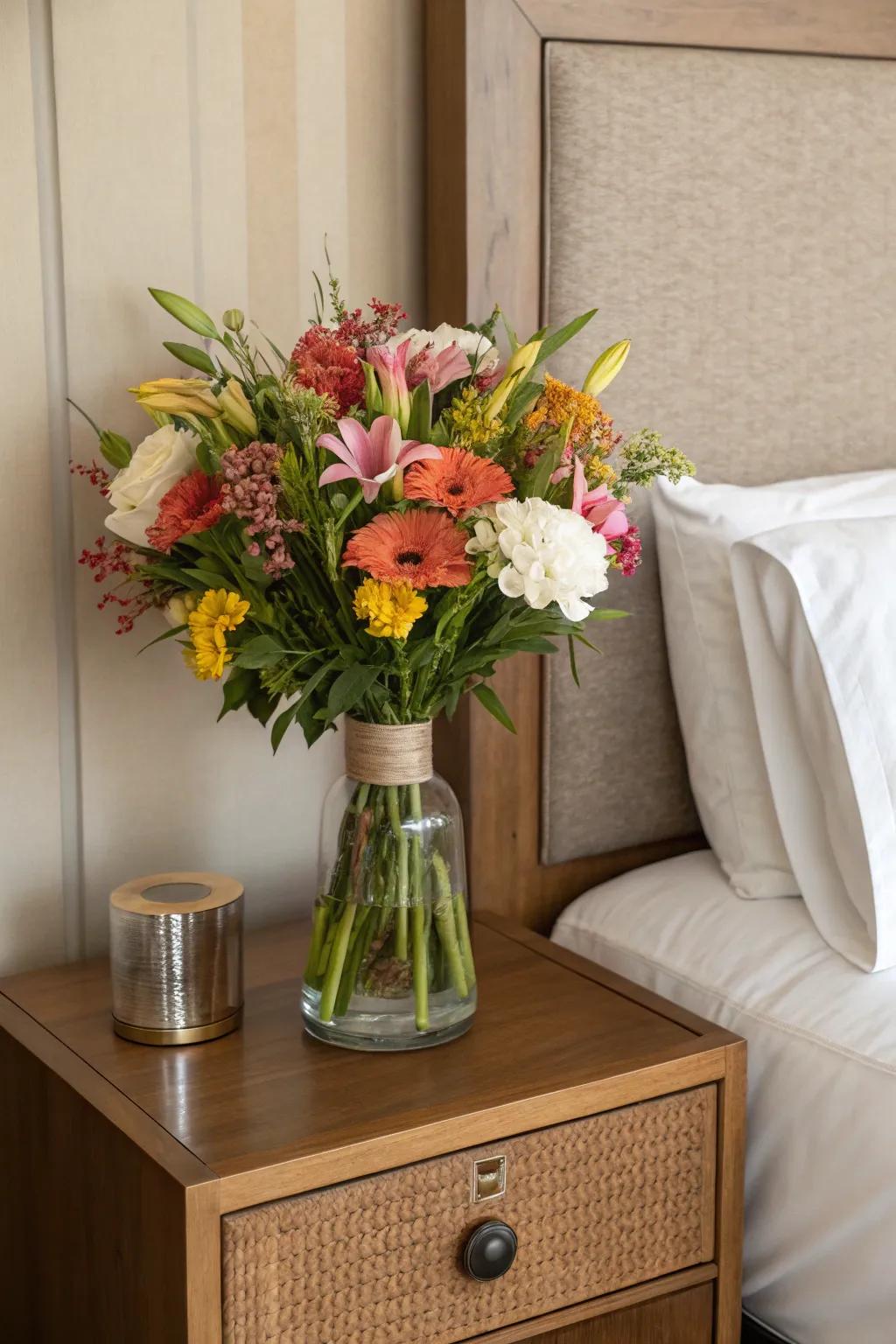 A lively vase of flowers gives a neutral bedside arrangement vitality.