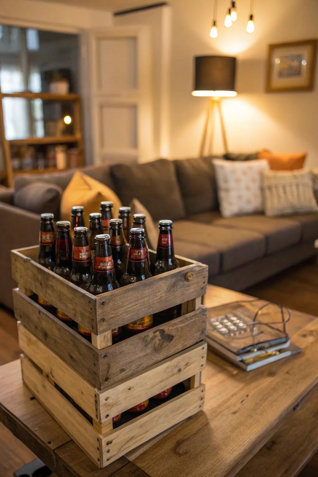 Country wood boxes brimming with brew bottles in a comfortable family room environment.